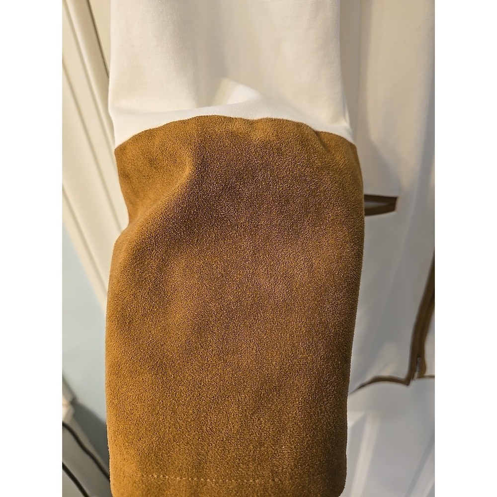 Chico's White Ponte Knit Suede Cuff Blazer Jacker Womens 1 Beige Brown Full Zip - Picture 7 of 16
